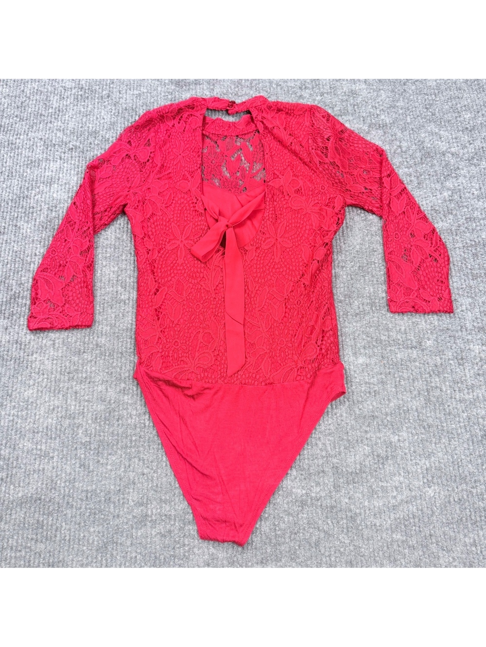 Takara Red Floral Lace Open Back Tie Bodysuit Size S